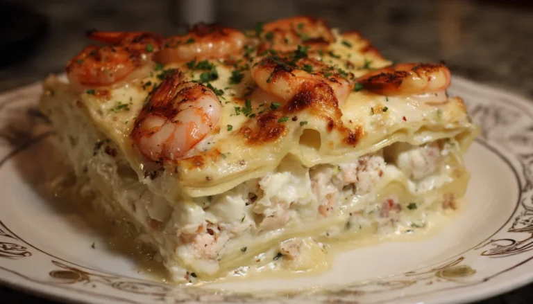 Baked seafood lasagna with golden melted cheese, shrimp, and crab in white baking dish