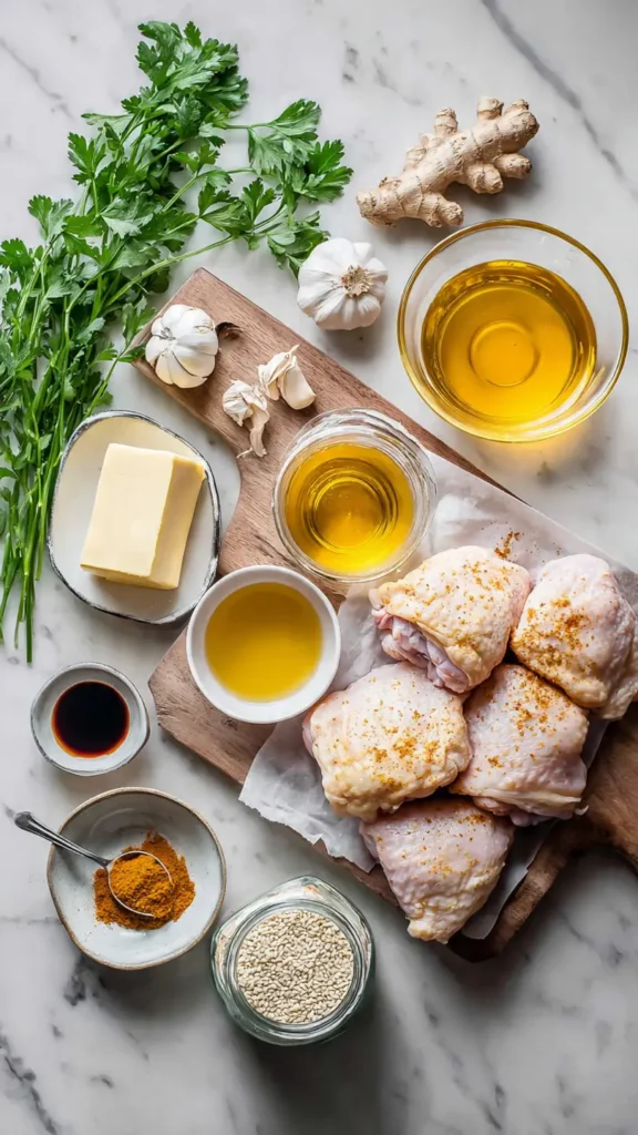 Overhead view of all ingredients needed for honey butter chicken recipe including chicken, honey, butter, and spices
