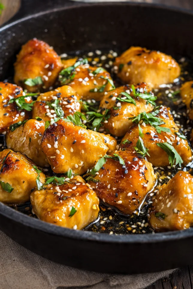Golden honey butter chicken in cast iron skillet with glossy sauce, garnished with parsley and sesame seeds