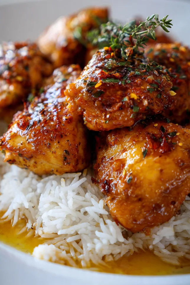 Golden honey butter chicken in cast iron skillet with glossy sauce, garnished with parsley and sesame seeds