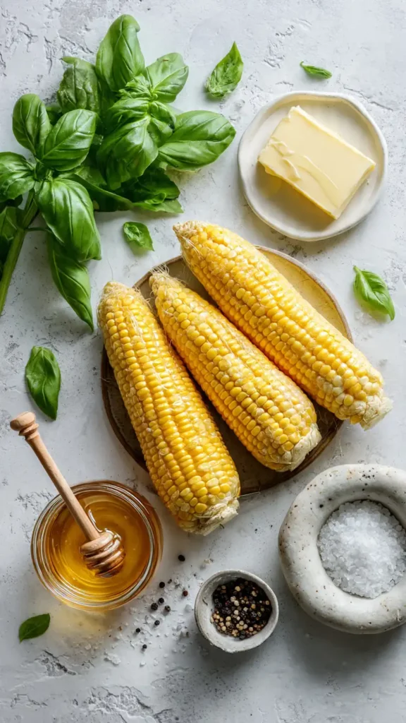 Fresh corn on cob, butter, honey jar, and herbs ingredients for honey butter skillet corn recipe on marble counter