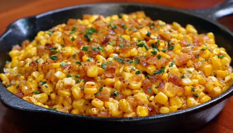 Golden honey butter corn in black cast iron skillet with caramelized kernels and fresh herbs on wooden table