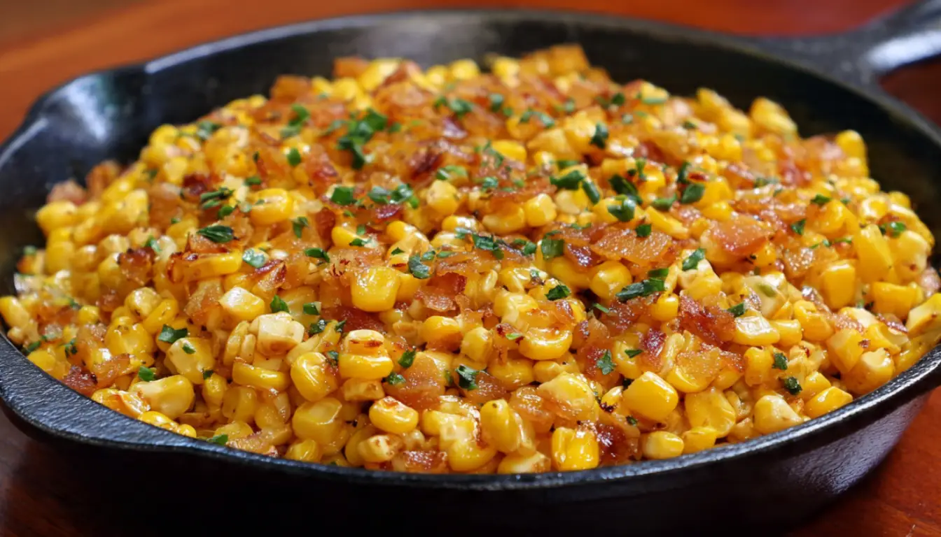 Golden honey butter corn in black cast iron skillet with caramelized kernels and fresh herbs on wooden table