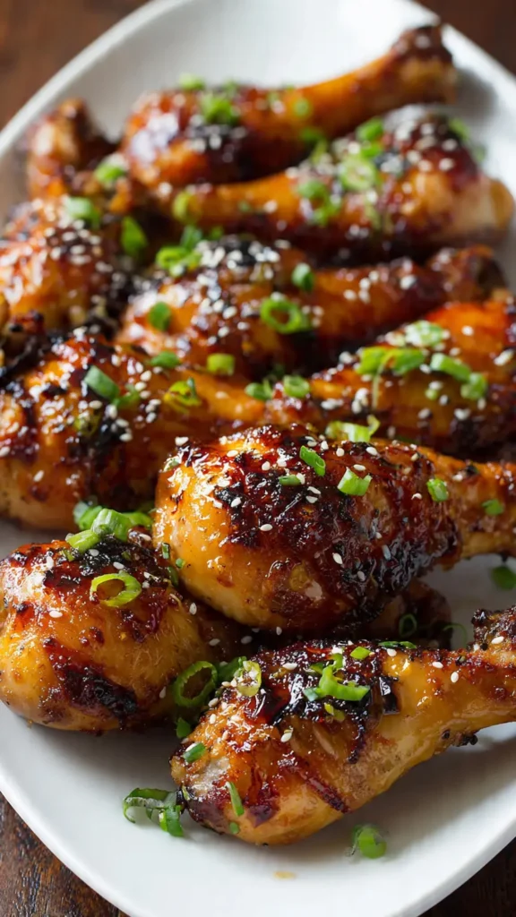 Crispy honey garlic baked chicken drumsticks with caramelized glaze, garnished with green onions and sesame seeds on white platter