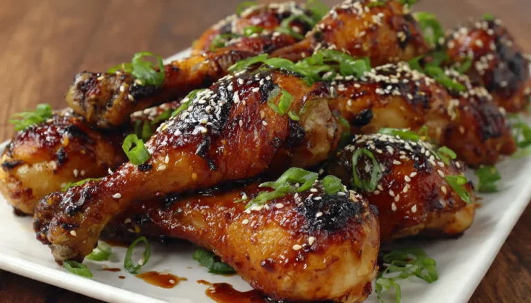 Crispy honey garlic baked chicken drumsticks with caramelized glaze, garnished with green onions and sesame seeds on white platter