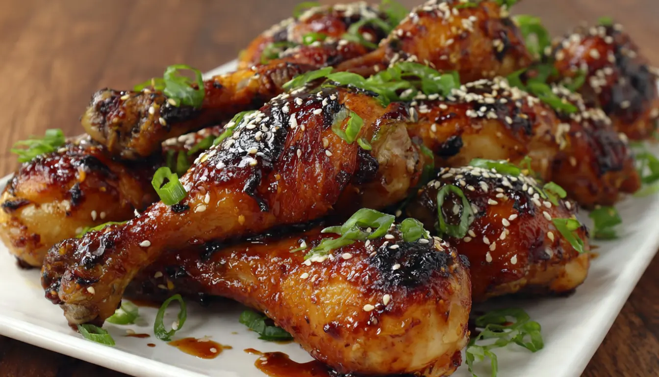 Crispy honey garlic baked chicken drumsticks with caramelized glaze, garnished with green onions and sesame seeds on white platter
