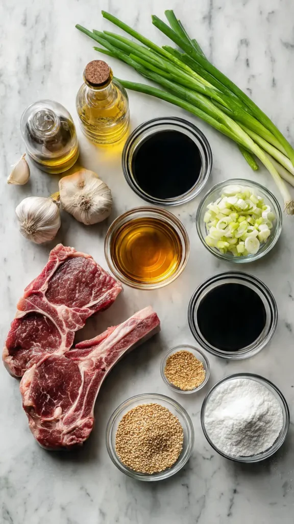 All the ingredients needed for sticky honey garlic beef chops laid out and ready for cooking, including double bone beef chops and Asian-inspired glaze ingredients