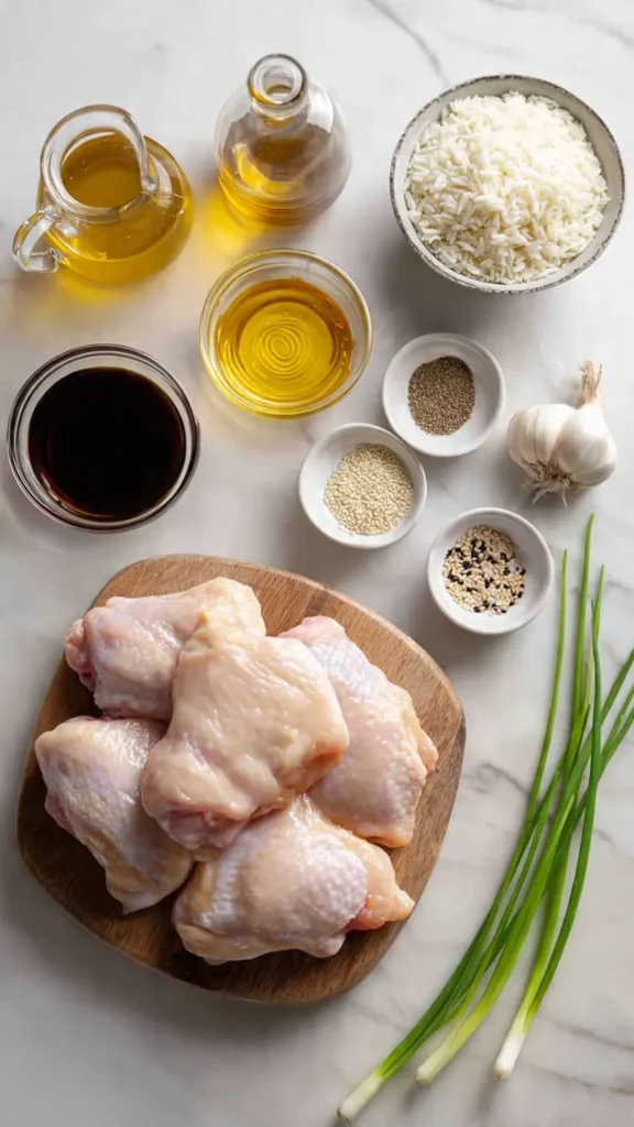 All ingredients for honey garlic chicken arranged on marble counter including chicken, honey, garlic, soy sauce
