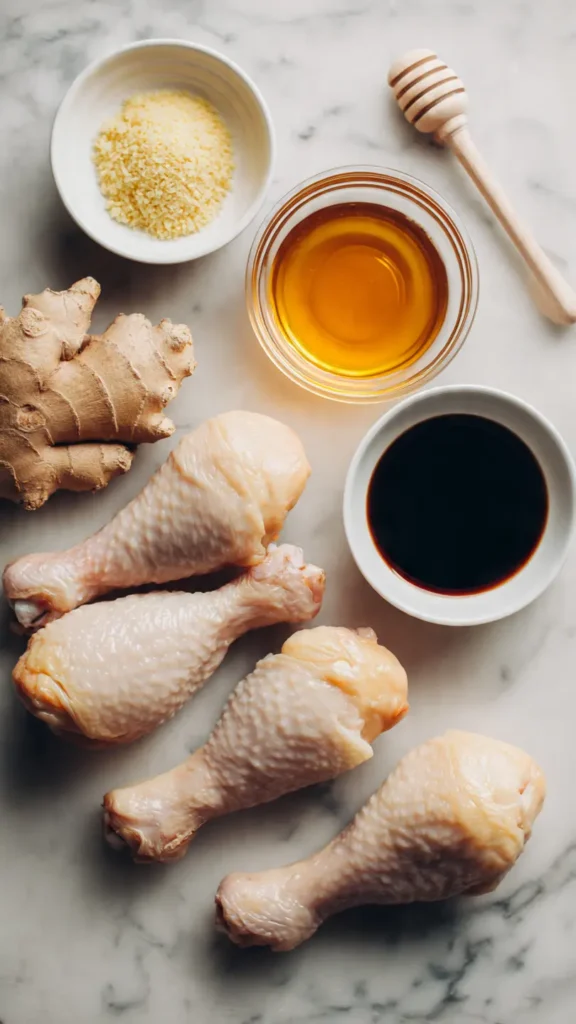 Ingredients for honey garlic baked chicken drumsticks including honey, garlic, soy sauce, ginger, and raw drumsticks arranged on marble surface