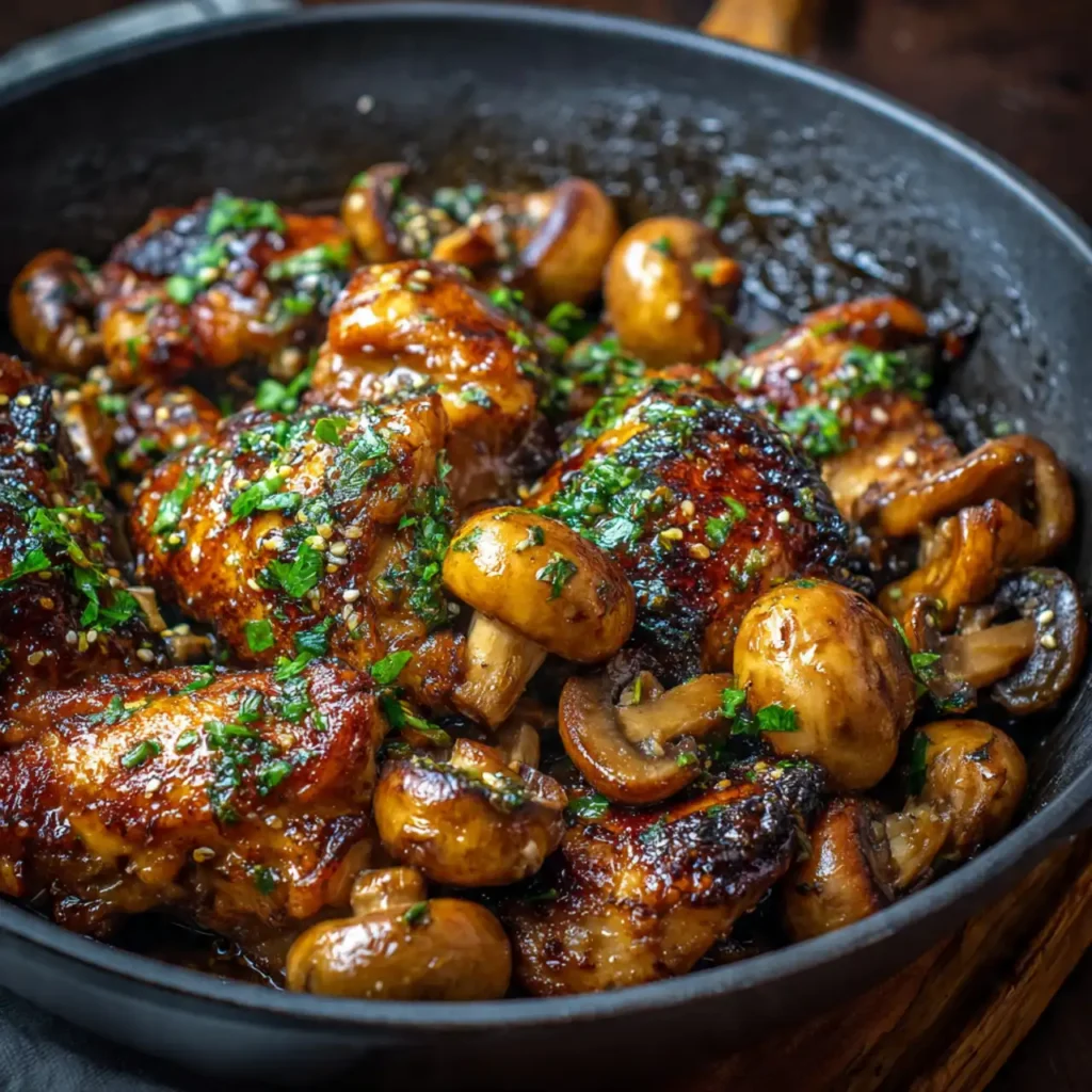 Honey garlic chicken with mushrooms served on white plate over rice with glossy sauce and fresh parsley garnish