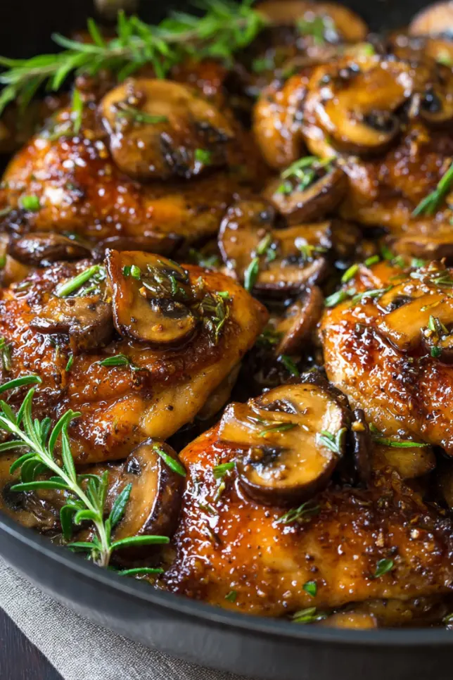 Honey garlic chicken with mushrooms served on white plate over rice with glossy sauce and fresh parsley garnish