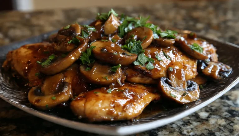 Honey garlic chicken with mushrooms served on white plate over rice with glossy sauce and fresh parsley garnish