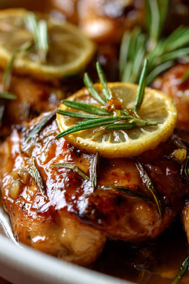 Golden honey lemon garlic chicken breasts on white plate with fresh lemon slices and parsley garnish
