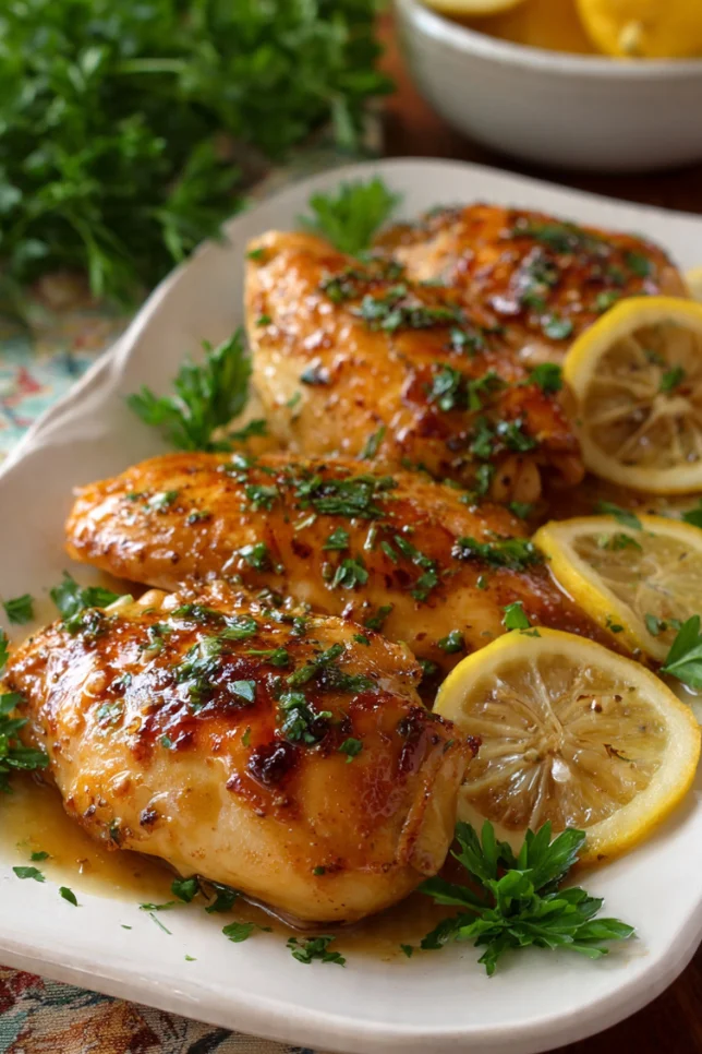 Golden honey lemon garlic chicken breasts on white plate with fresh lemon slices and parsley garnish
