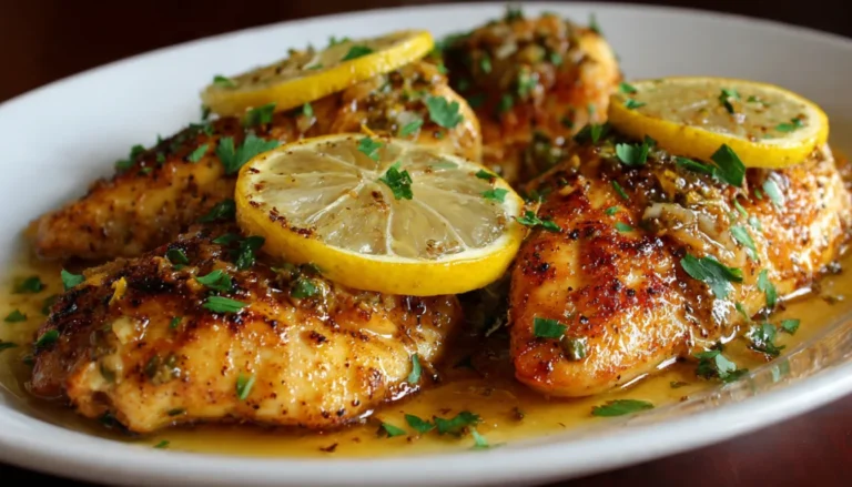 Golden honey lemon garlic chicken breasts on white plate with fresh lemon slices and parsley garnish