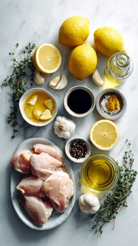 Ingredients for honey lemon garlic chicken including raw chicken, fresh lemons, garlic, honey, and herbs