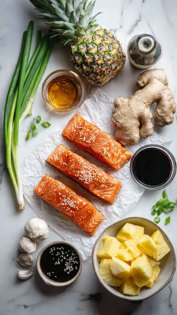 Flat lay of fresh salmon fillets, honey, pineapple, ginger, garlic, and Asian sauce ingredients on marble surface