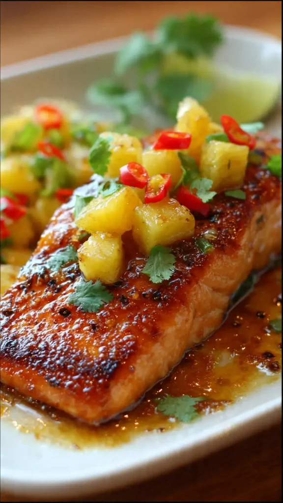 Honey pineapple glazed salmon fillet with caramelized pineapple chunks and sesame seeds on white plate