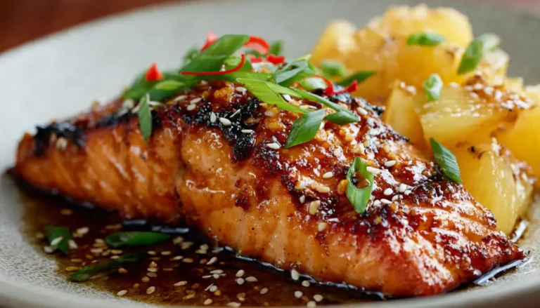Honey pineapple glazed salmon fillet with caramelized pineapple chunks and sesame seeds on white plate