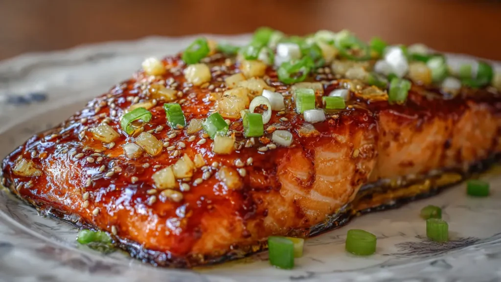 Honey pineapple glazed salmon fillet with caramelized pineapple chunks and sesame seeds on white plate