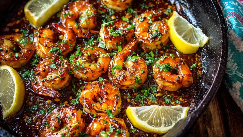 Glossy honey sriracha glazed shrimp in cast iron skillet garnished with green onions and sesame seeds