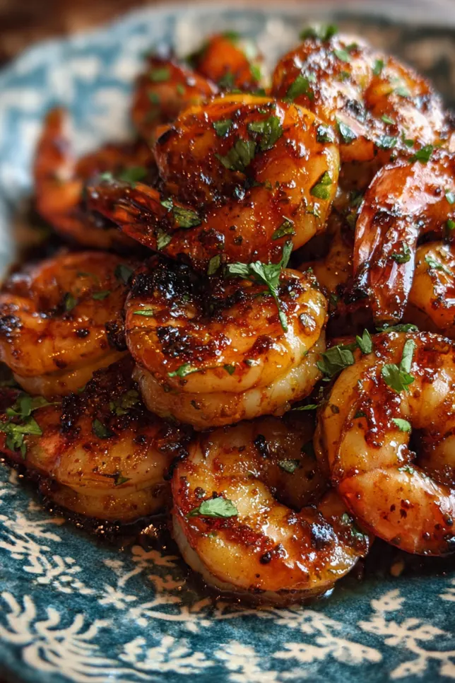 Glossy honey sriracha glazed shrimp in cast iron skillet garnished with green onions and sesame seeds
