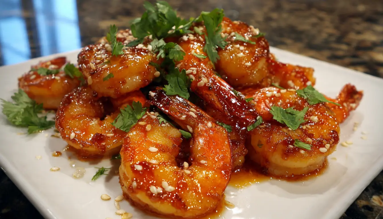 Glossy honey sriracha glazed shrimp in cast iron skillet garnished with green onions and sesame seeds