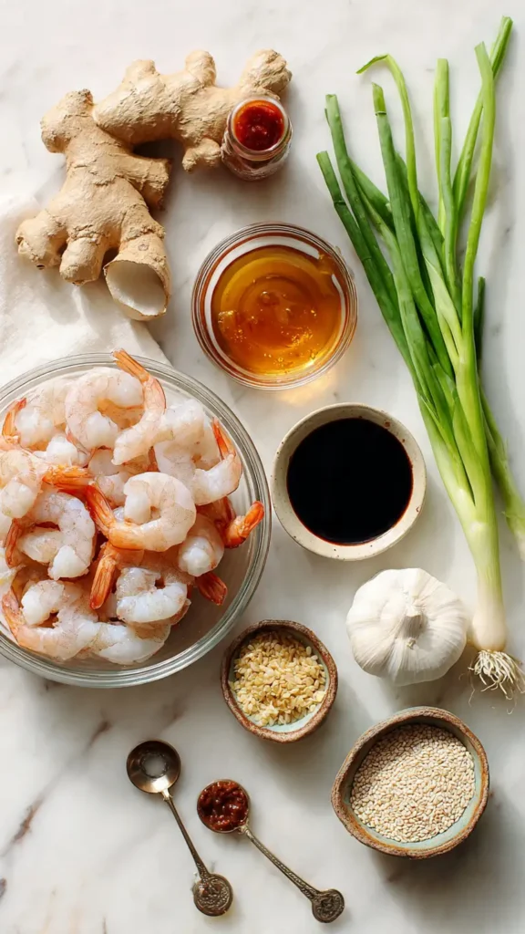 Fresh ingredients for honey sriracha glazed shrimp including raw shrimp, sriracha sauce, honey, ginger, and garlic on marble counter