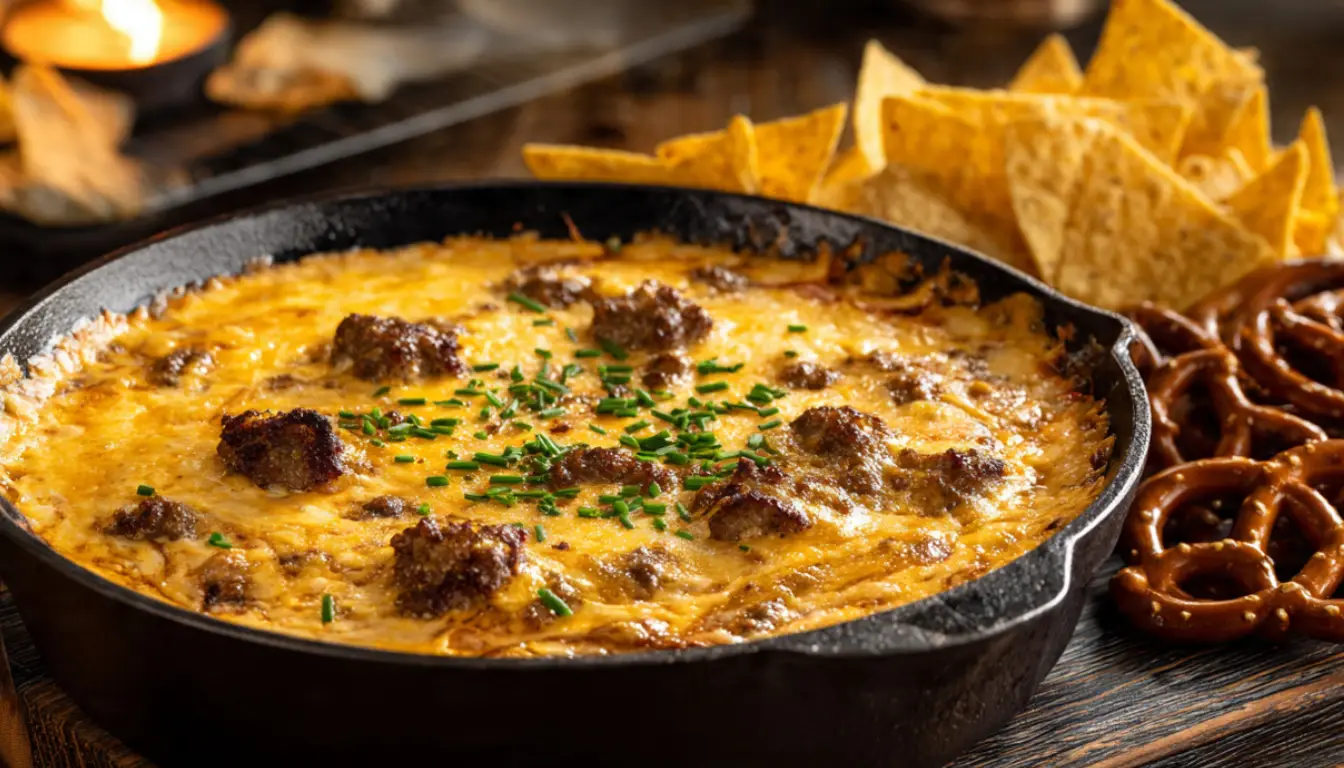 Creamy hot sausage beer cheese dip in cast iron skillet with tortilla chips and pretzel bites on wooden board