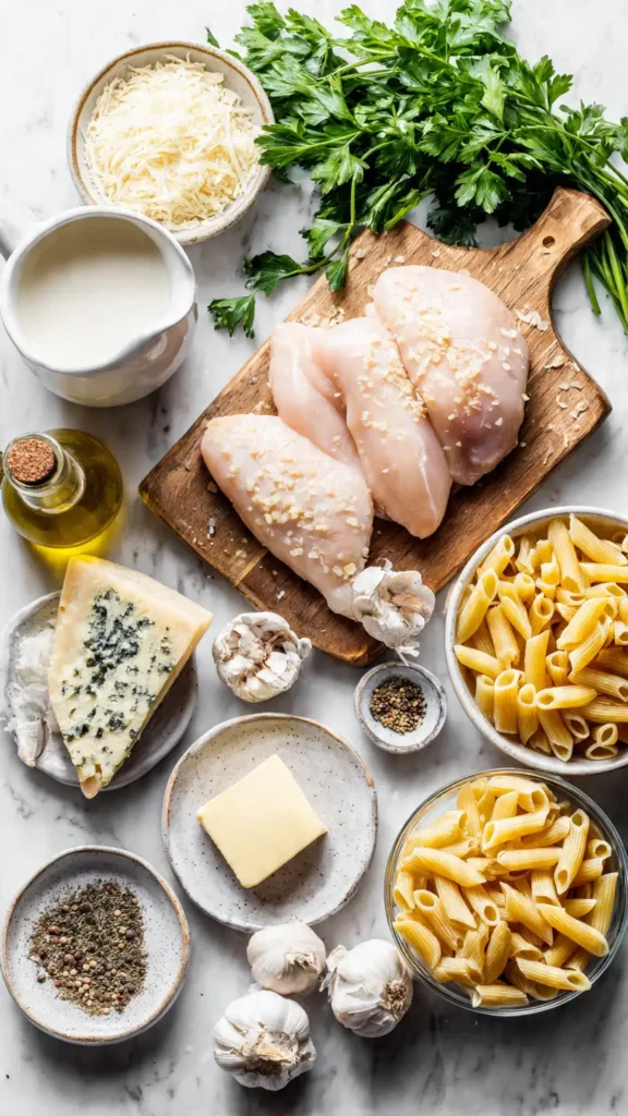 All ingredients for creamy chicken pasta recipe laid out including pasta, chicken, cream, Parmesan, and garlic