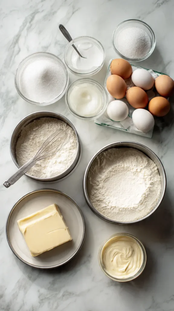 Flat lay of crème brûlée cake ingredients including flour, eggs, sugar, heavy cream, butter, and vanilla on marble countertop