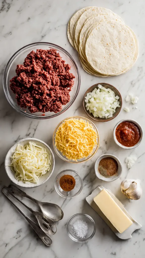 Ingredients for cheesy ground beef tortilla wraps including ground beef, flour tortillas, cheddar cheese, and spices