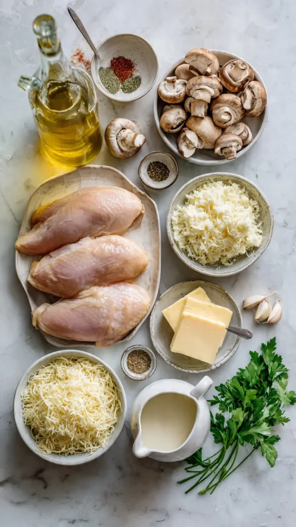 Overhead view of raw chicken breasts, chopped mushrooms, mozzarella cheese, Parmesan cheese, garlic, butter, and fresh herbs arranged on marble counter