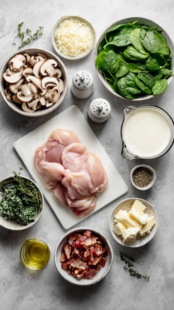 All the ingredients needed for chicken in creamy mushroom sauce with spinach and bacon. Fresh, simple ingredients available at any grocery store