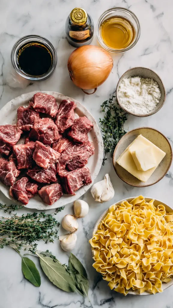Fresh ingredients for slow cooker beef and noodles including chuck roast, egg noodles, onion, garlic, and Better Than Bouillon beef broth