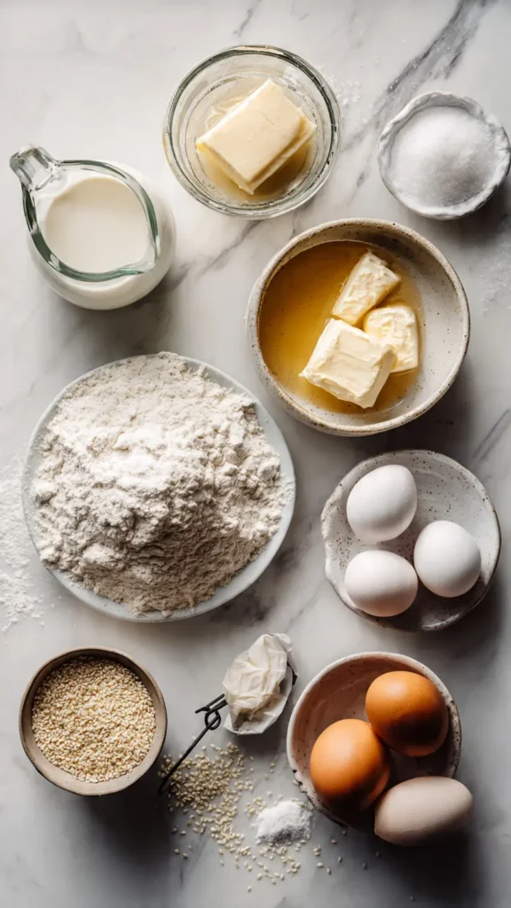 Flat lay of burger bun ingredients including flour, milk, butter, eggs, yeast and sesame seeds on marble counter