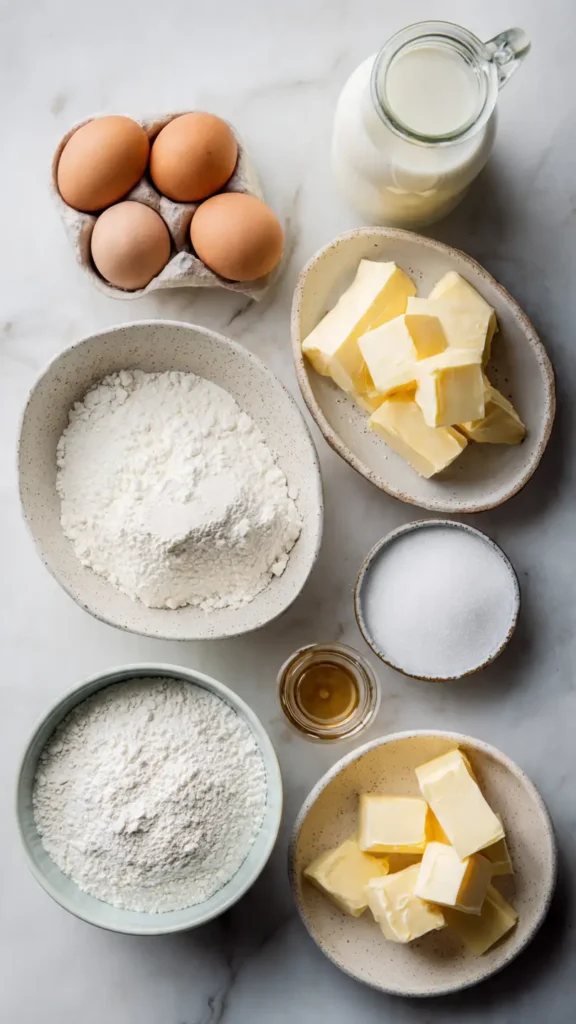 Baking ingredients for custard squares including milk, eggs, butter, flour, and vanilla extract on marble counter