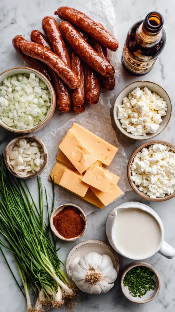 Fresh ingredients for beer cheese dip including Italian sausage, cheddar cheese, cream cheese, beer, onions, and spices on marble counter