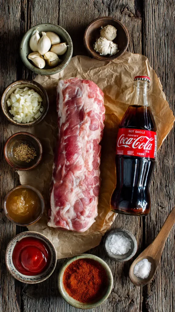 All the ingredients needed to make slow cooker Coca-Cola pork loin, including pork roast, Coke, brown sugar, and spices
