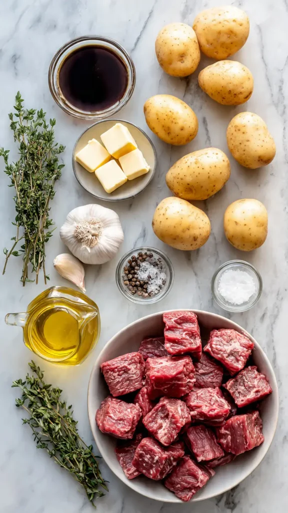 Raw beef cubes, baby potatoes, garlic cloves, butter, and herbs arranged on marble countertop for slow cooker recipe