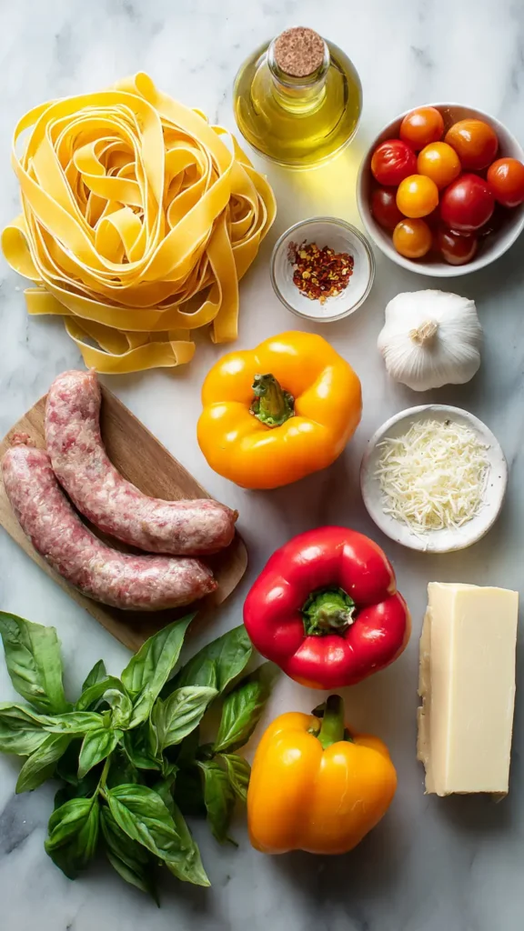 Ingredients for Italian drunken noodles including pappardelle pasta, Italian sausage, bell peppers, and fresh basil