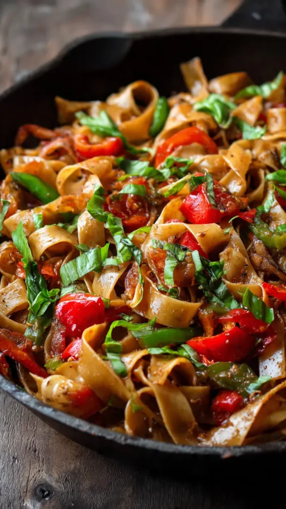 Easy Italian Drunken Noodles with sausage, bell peppers, tomatoes and fresh basil in rustic bowl