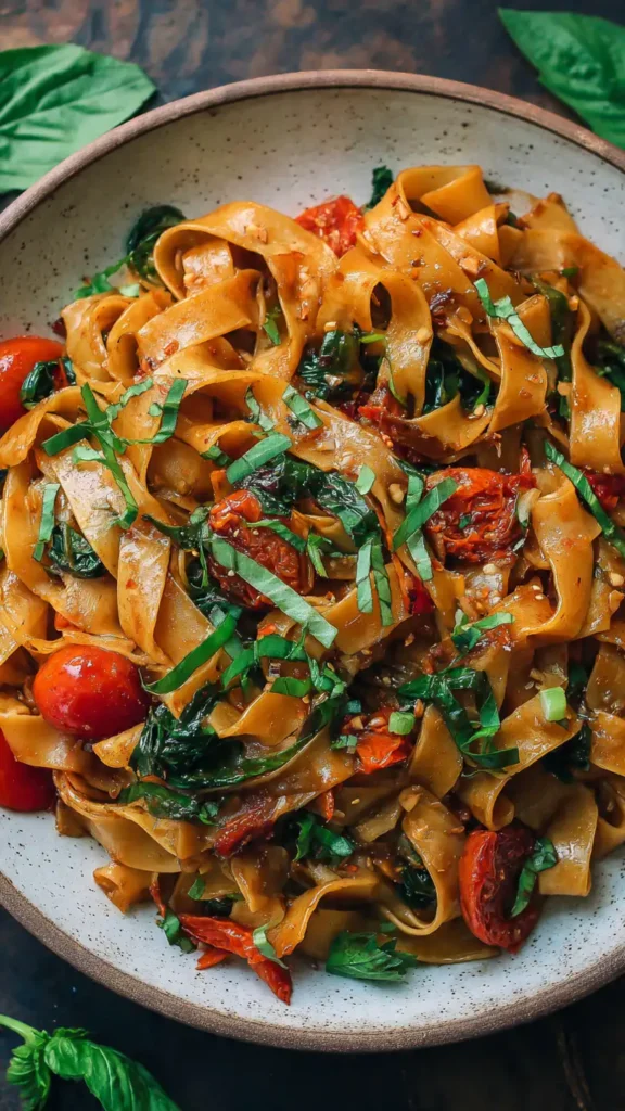 Easy Italian Drunken Noodles with sausage, bell peppers, tomatoes and fresh basil in rustic bowl
