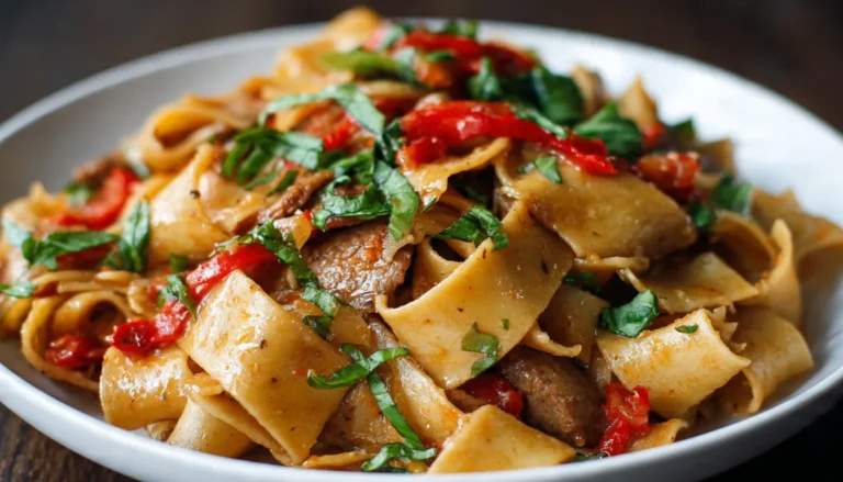 Easy Italian Drunken Noodles with sausage, bell peppers, tomatoes and fresh basil in rustic bowl