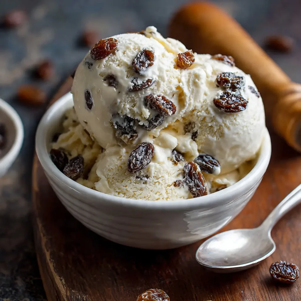 Scoop of homemade Jamaican rum raisin ice cream in ceramic bowl with dark rum-soaked raisins
