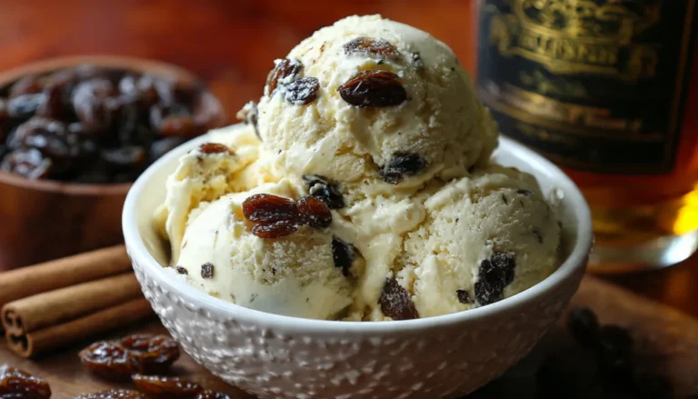 Scoop of homemade Jamaican rum raisin ice cream in ceramic bowl with dark rum-soaked raisins