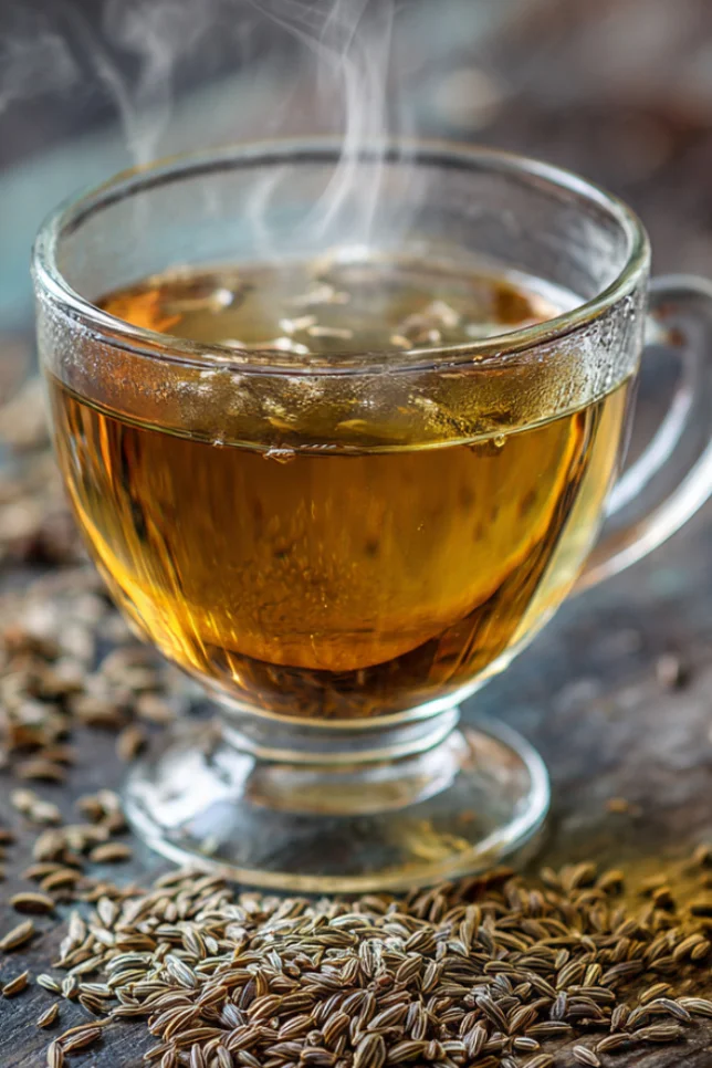 A glass cup of warm golden jeera cumin water with steam rising, surrounded by whole cumin seeds on a rustic wooden table