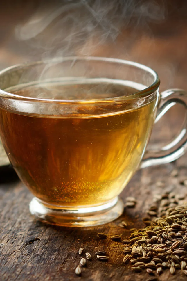 A glass cup of warm golden jeera cumin water with steam rising, surrounded by whole cumin seeds on a rustic wooden table