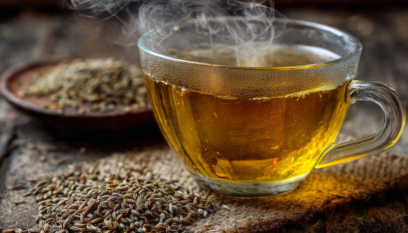 A glass cup of warm golden jeera cumin water with steam rising, surrounded by whole cumin seeds on a rustic wooden table