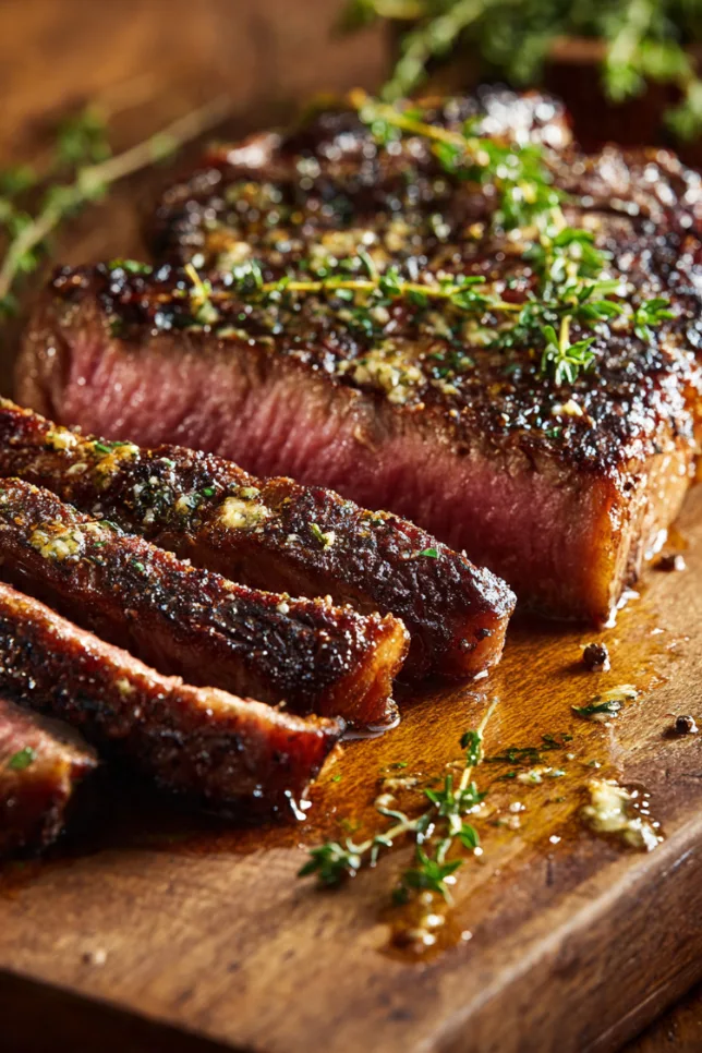 Perfectly cooked medium-rare ribeye steak sliced on wooden cutting board with fresh herbs and melted butter